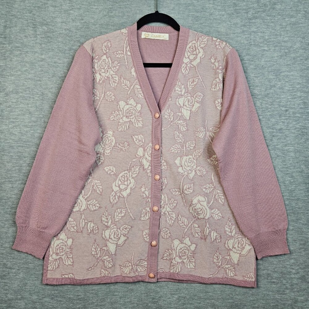 CAMELA Women's Pink Floral Printed V-neck Button Up Cardigan Size 42